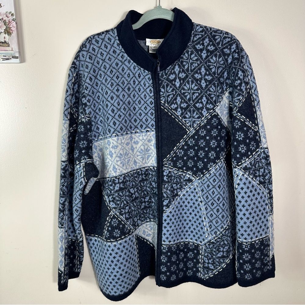Talbots Navy and Light Blue Patchwork Bomber Jacket 100% MERINO WOOL - Picture 1 of 10